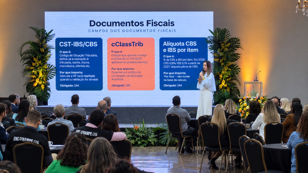 Carolina Loth no palco do 56º ENCONAMPE, diante de plateia cheia, ao lado do telão com os campos dos documentos fiscais na reforma tributária